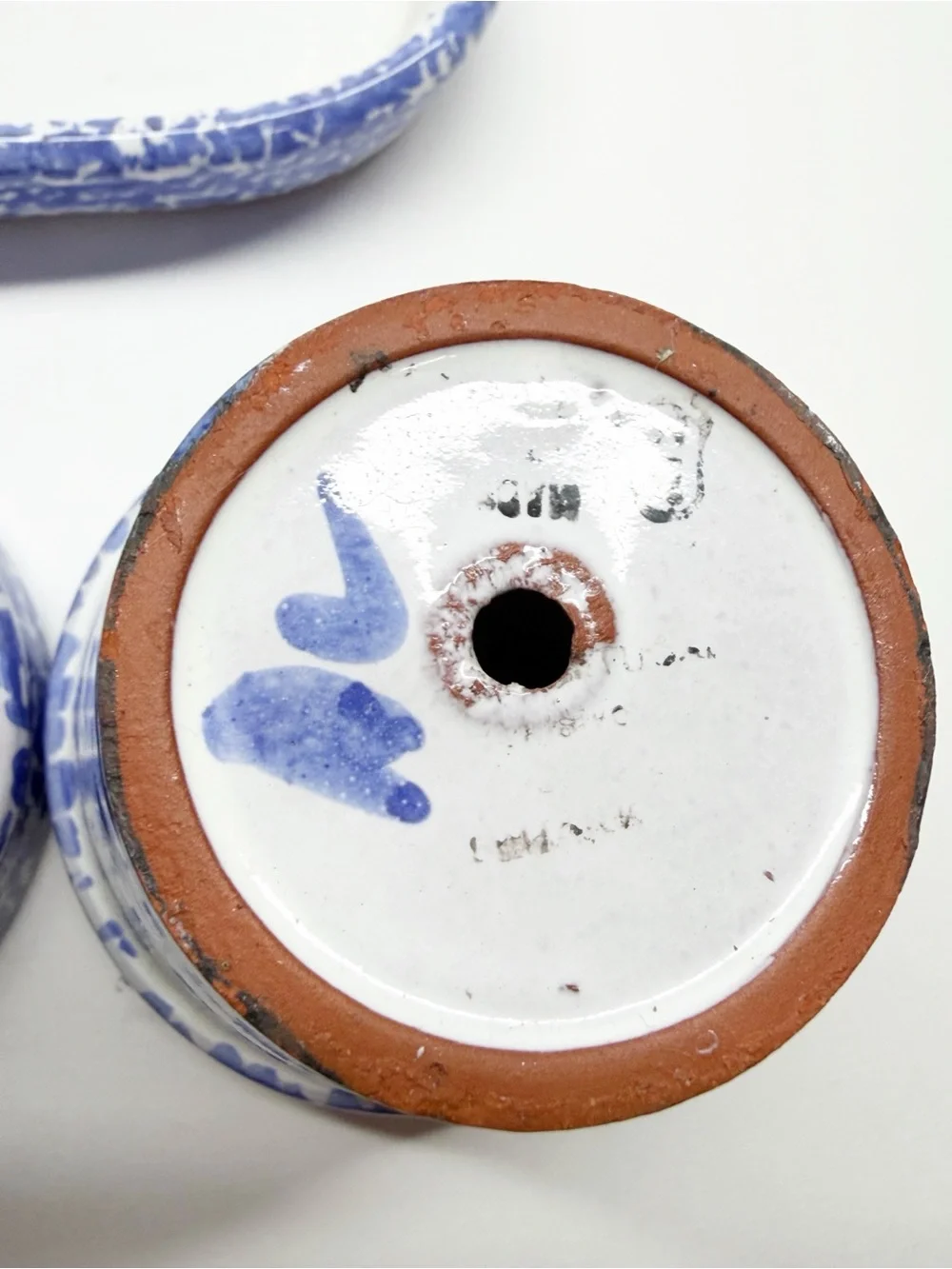 Vintage Himark Portugal Pottery Window Flower Pots Blue Checkered Sponge Painted